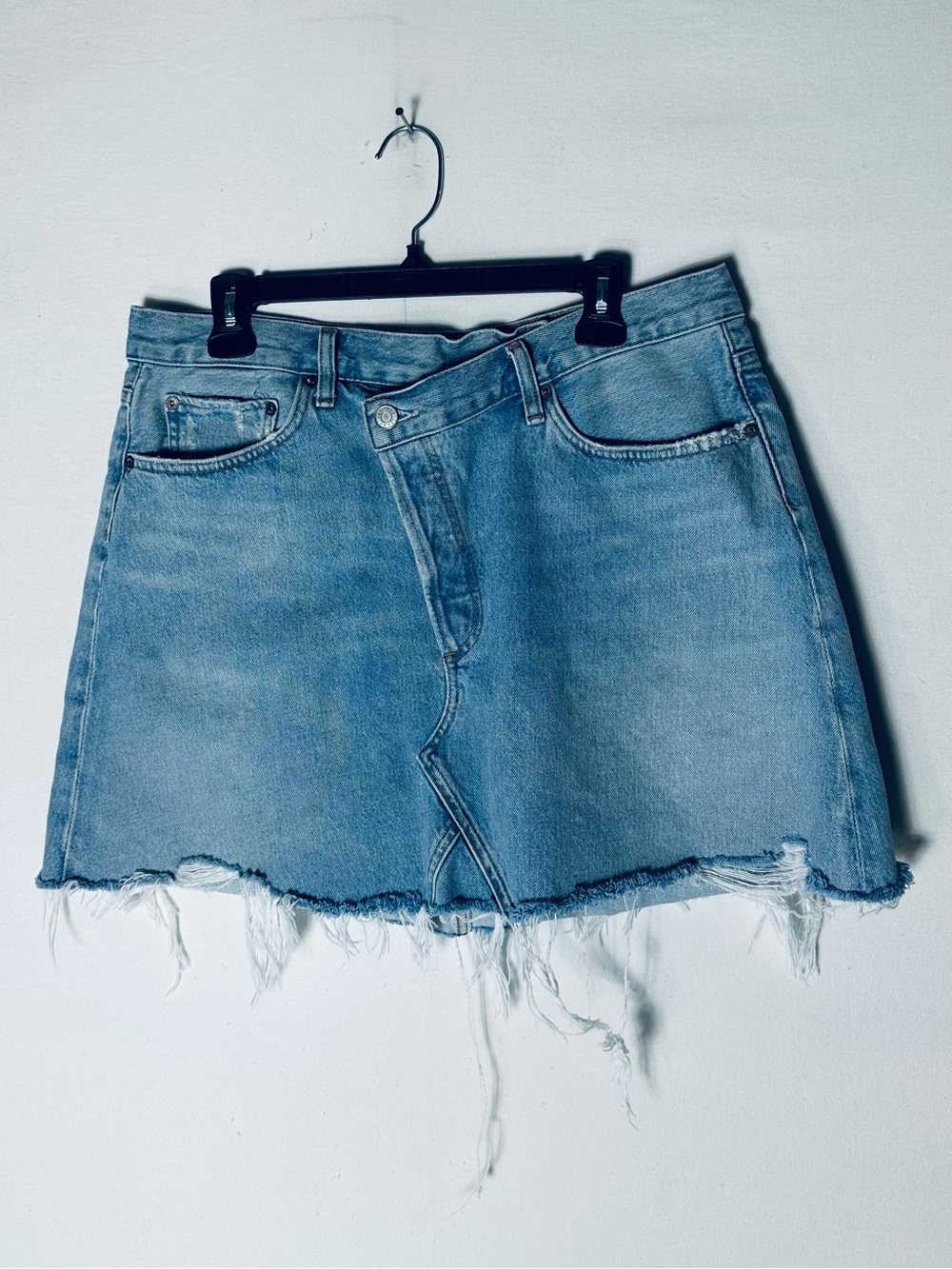 AGOLDE Asymmetric Denim Skirt 32/XL Criss Cross Organic Cotton Blue Distressed